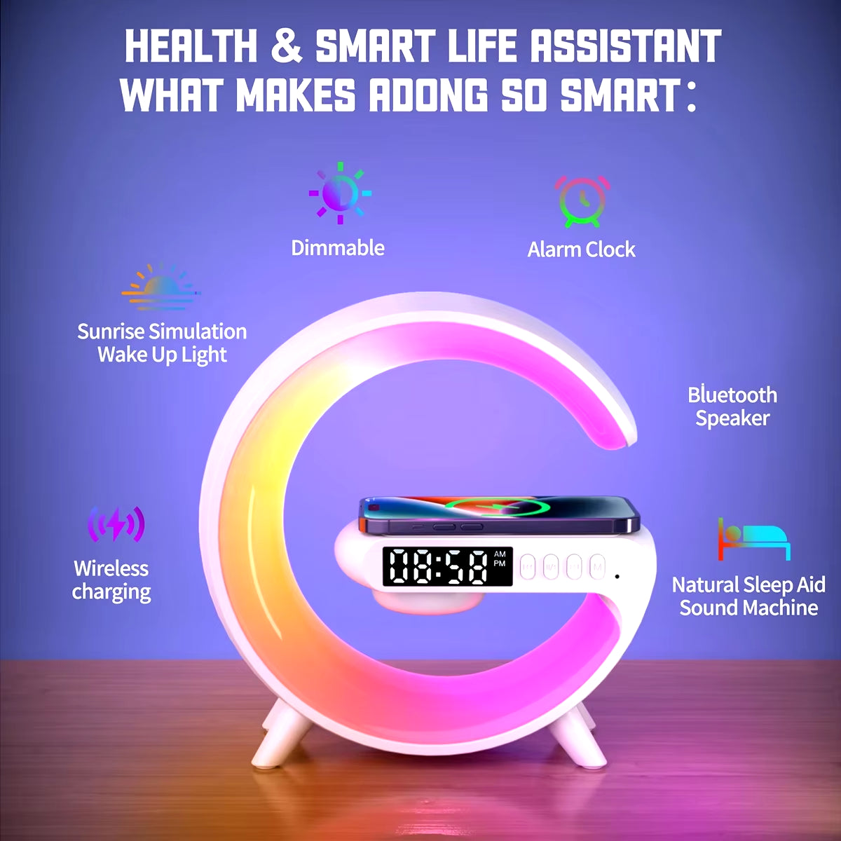 15W Wireless Charger Station Multifunction RGB Desk Lamp Alarm Clock Speaker for Iphone Samsung Huawei Fast Charging Stand Pad